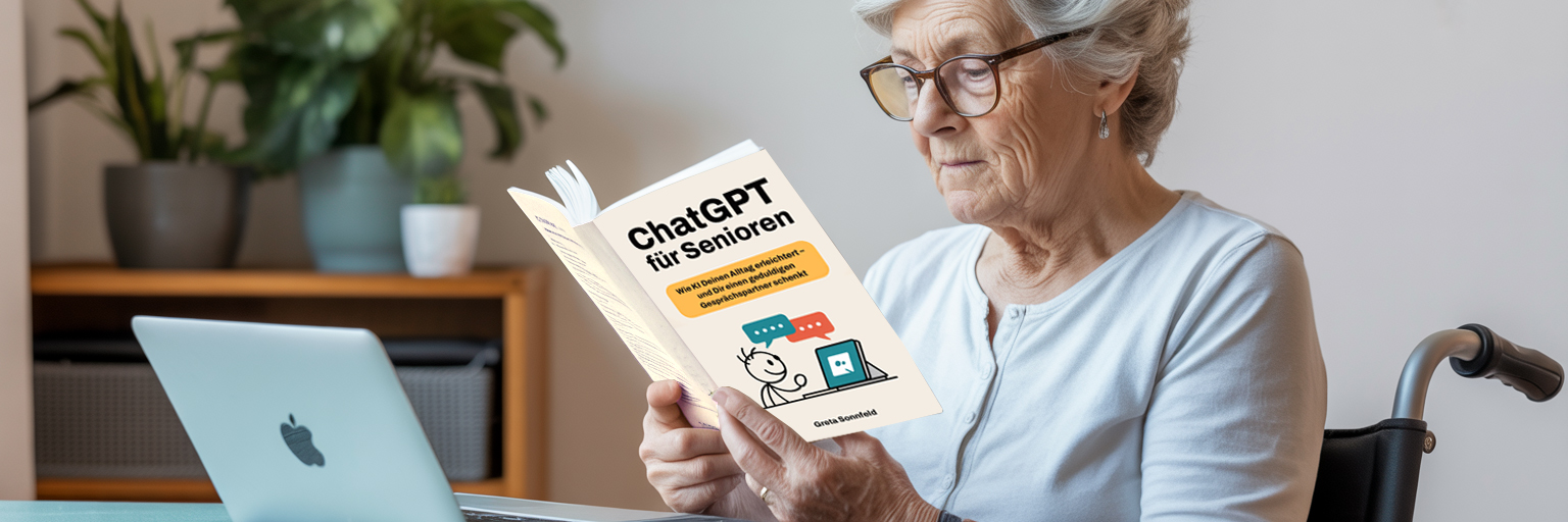 Ältere Frau liest das Buch "ChatGPT für Senioren" von Greta Sonnfeld neben einem Laptop.