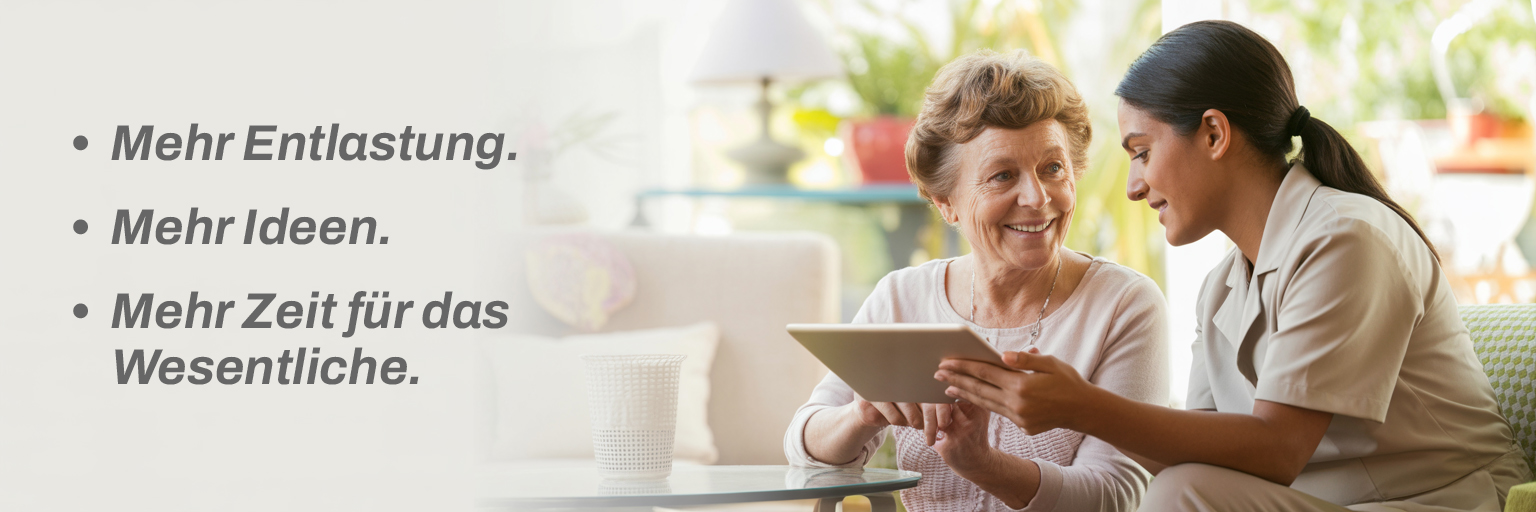 Die digitale Unterstützung für pflegende Angehörige und professionelle Betreuende – mit Ideen, Aktivierung und KI-Hilfen, die den Alltag erleichtern.