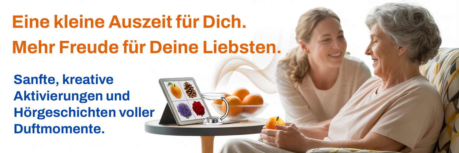 Ältere Frau genießt eine Hörgeschichte mit Aromaduft, unterstützt von einer freundlichen Pflegekraft. Tablet und Orangen auf dem Tisch symbolisieren multisensorische Aktivierung durch KI-Simple.