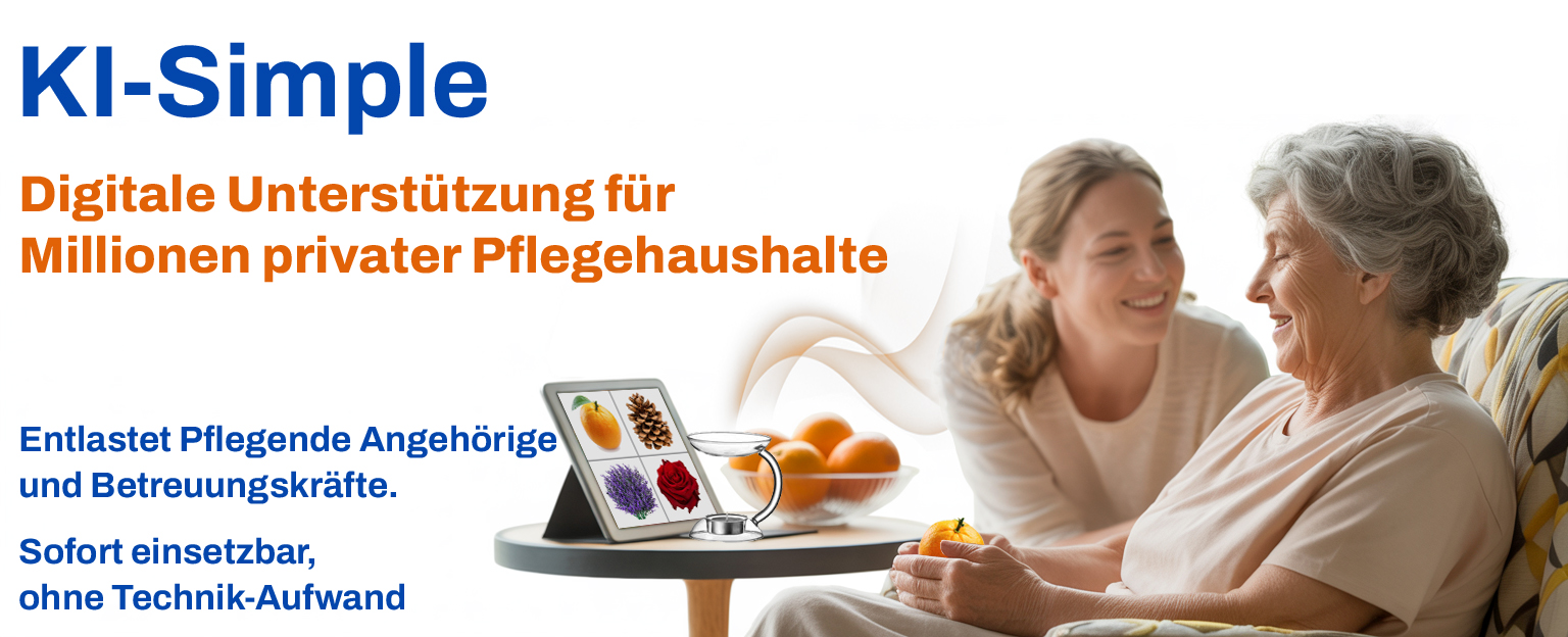 Ältere Frau genießt eine Hörgeschichte mit Aromaduft, unterstützt von einer freundlichen Pflegekraft. Tablet und Orangen auf dem Tisch symbolisieren multisensorische Aktivierung durch KI-Simple.