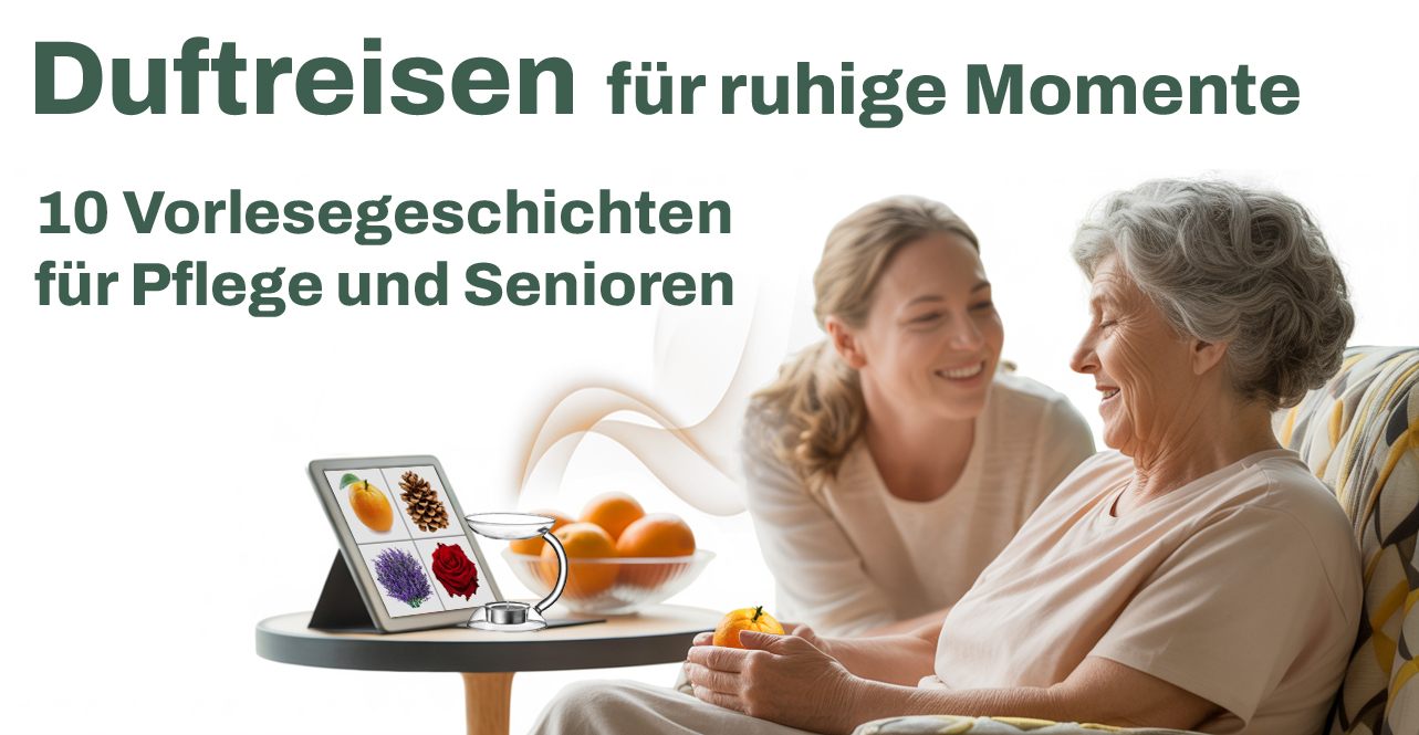 Ältere Frau genießt eine Hörgeschichte mit Aromaduft, unterstützt von einer freundlichen Pflegekraft. Tablet und Orangen auf dem Tisch symbolisieren multisensorische Aktivierung durch KI-Simple.
